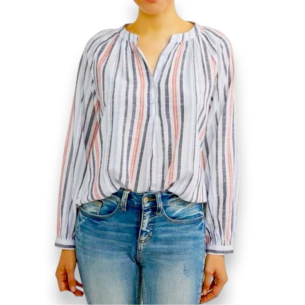 Time and Tru Woven Dobby Popover Top Multicolor Striped Half Button